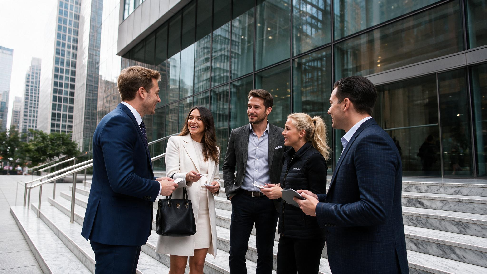 Equipo de partners de next en recorrido frente a un corporativo